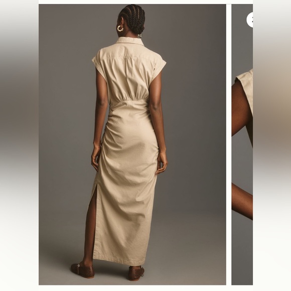 Cap Sleeve V Neck Ruched Slim Midi Dress - Picture 3 of 5